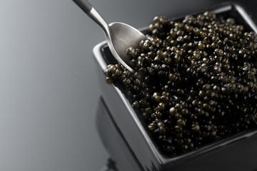 Black Caviar in a spoon. Natural sturgeon black caviar closeup. Delicatessen