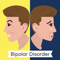 Mental health problem illustration. Vector image of a happy and sad face. Opposite emotions. Symptoms of Bipolar Disorder