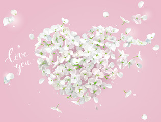 White  Flower vector Heart on the wind on pink background