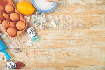 Baking or cooking ingredients. Bakery frame. Dessert ingredients and utensils.