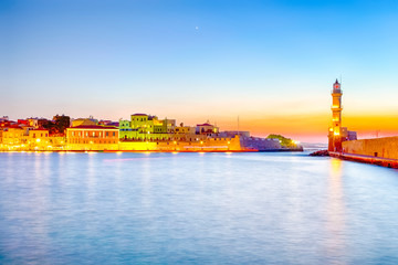 Night Panorama of Old Venetian City of Chania Taken at Blue Hour from Pier with the Lighthouse in Background