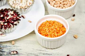 Bowls of various Collection set of beans and legumes.