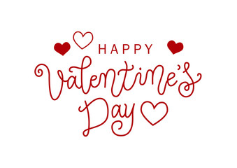 Modern calligraphy lettering of Happy Valentines day in red on white background decorated with hearts for decoration, poster, banner, valentine, greeting card, invitation, advertising, party, present
