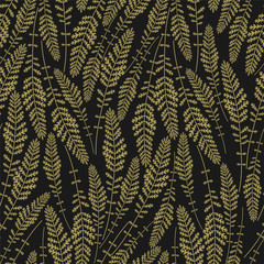 Floral Seamless pattern texture with gold sprigs on dark background. Black and gold. Vector illustration