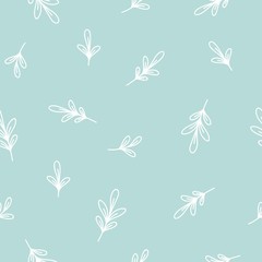 Fototapeta na wymiar Seamless floral pattern with hand drawn blades of grass. Repeating texture on powder blue background.