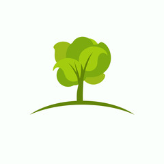 Green flat cartoon tree on curved line isolated on white.