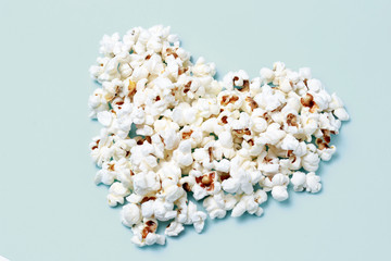 popcorn laid out in the shape of a heart close-up, top view