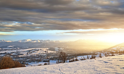 Beautiful sunny and winter panorama view of the Tatra Mountains