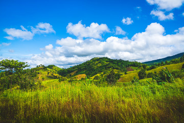 Fototapeta premium Blue sky high peak mountains fog hills mist scenery national park views at Phu Tub Berk, Khao Koh, Phetchabun Province, Thailand