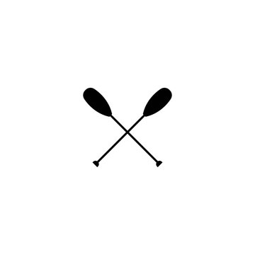 Two black silhouette of crossed oars. Flat vector icon isolated on white.