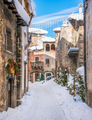 The beautiful Scanno covered in snow during winter season. Abruzzo, central Italy.