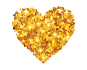 Golden foil confetti hearts vector heart shape isolated on white background