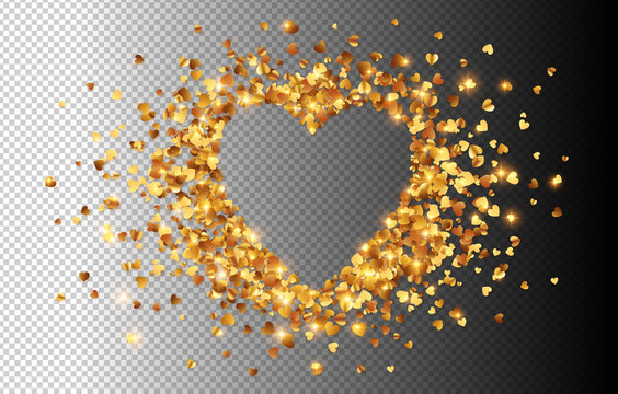 Golden hearts confetti vector heart shape frame isolated on transparency greed background