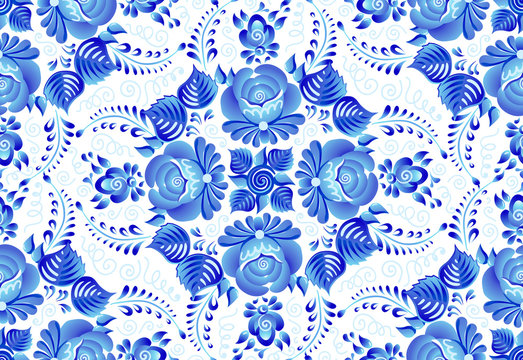 Blue painted flowers on white background in Russian traditional gzhel style vector seamless pattern tile