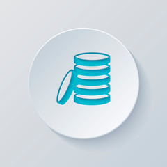 Coin stack icon. Cut circle with gray and blue layers. Paper sty