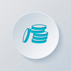 Coin stack icon. Cut circle with gray and blue layers. Paper sty
