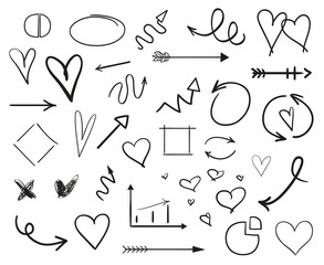 Hand drawn infographic elements on white. Abstract arrows and hearts. Line art. Set of different sketchy shapes. Black and white illustration. Doodles for design and business