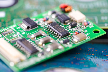 Obraz premium Computer circuit cpu chip mainboard core processor electronics device : concept of data, hardware, technician and technology.