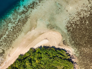 Aerial top view of tropical beach on the island Malcapuya. Beautiful tropical island with sand beach, palm trees. Travel tropical concept. Palawan, Philippines