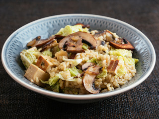 Bowl with a home made mushroom savoy cabbage risotto with tofu