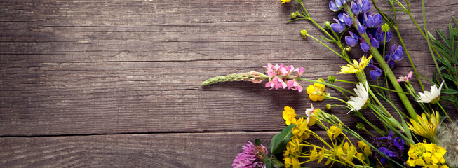Wild Flowers on old grunge wooden background (chamomile lupine dandelions thyme mint bells rape)