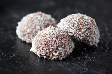 sweet mallow snowballs with chocolate coating and coconut