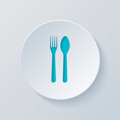 Fork and spoon, icon. Kitchen tools. Cut circle with gray and bl