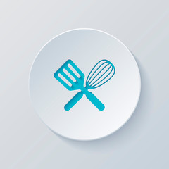 Kitchen tool icon. Whisk and spatula, criss and cross. Cut circl
