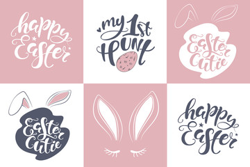 Naklejka premium Vector Happy Easter bunny lettering card. quote to design greeting card, poster, banner, printable wall art, t-shirt and other, eps illustration.