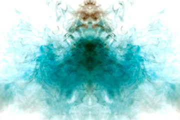 Abstract pattern of colored smoke backlit blue, green and turquoise in the shape of a mystical-looking bird or a ghost-head on a black isolated background. Soul and inner state of thoughts.