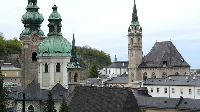 The towers of the baroque Salzburg Cathedral in Austria.
