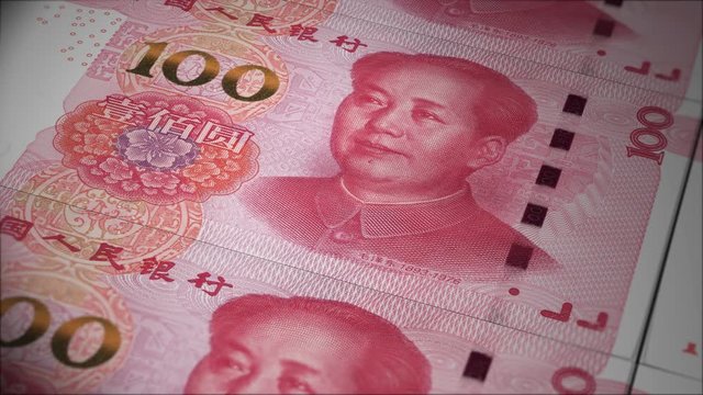 China money banknotes loopable moving background. Dollar bills rolling up. China 100 renminbi bank notes animated to roll up one by one slowly.