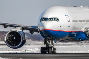 Large widebody passenger aircraft closeup view