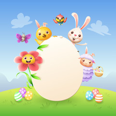 Easter greeting card template - Easter bunny, chicken, flower, sheep bee-eater bird and butterfly celebrate Easter around egg - spring landscape background