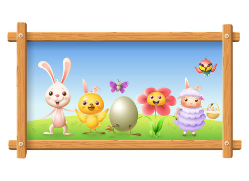 Easter portrait photo frame - bunny, chicken, flower, sheep bee-eater bird and butterfly celebrate Easter around egg - spring landscape background