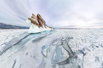 panorama ice icicles on Ogoy island winter Lake Baikal. Siberia, Russia