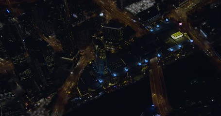 Aerial night view fire show Yarra Promenade Melbourne