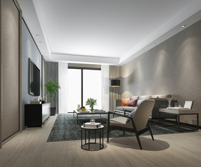 3d rendering luxury living room with wood floor and cabinet