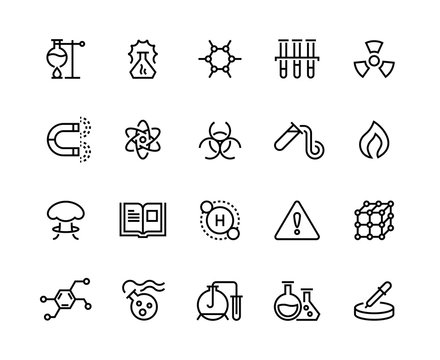 Chemical line icons. Toxic chemicals, laboratory equipment, scientific research molecular formula. Scientific symbols vector set
