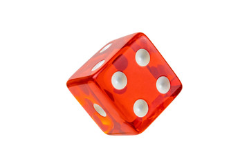 Red glass dice closeup isolated on white without shadow.