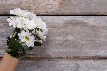 Daisy chamomile flowers on wood. Copyspace, free space for text.