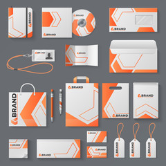 Corporate identity mockup. Office stationery branding business card letter envelope mug brand brochure cover. Identity vector mockup