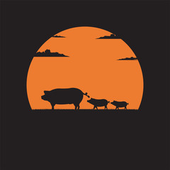 Silhouette mother Pig with little piglets walking on meadow of sunset background