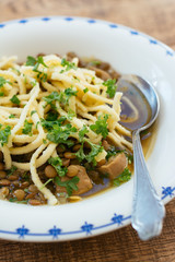 Lentil Soup with Spätzle with Vegan Bratwurst