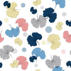 Beautiful sweet pastel Blowing Gingko leaves seamless pattern vector in hand drawn style mix with circle stripe, for fashion ,fabric and all prints