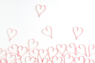 Paper heart symbols on white background. Flat lay, top view Valentines Day background love concept.