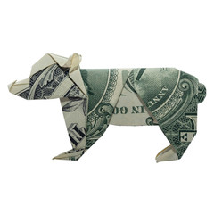 Money Origami BEAR Animal Cub Folded with Real One Dollar Bill Isolated on White Background