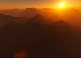 Dramatic sunset at high altitude mountains 3d rendering background