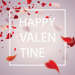 Happy Valentine text with falling romantic red hearty petals of flowers or abstract bokeh transparent red heart shaped confetti