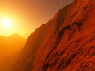 Fototapeta na wymiar Dramatic sunset at high altitude mountain slope 3d rendering background